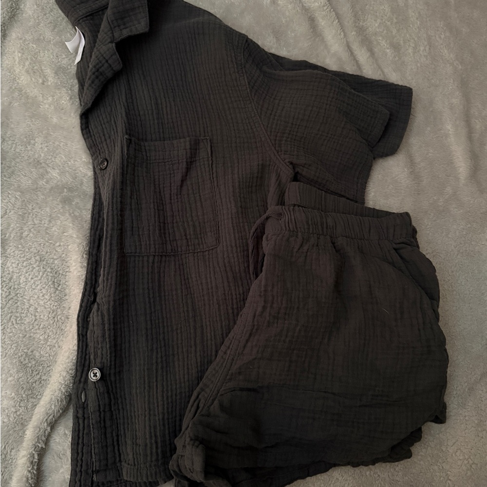 Dark Grey Button-Up Short Sleeve Set